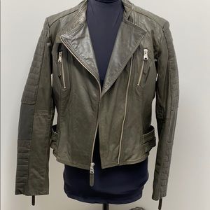 Andrew Marc Ny M Leather  grey/olive Moto jacket